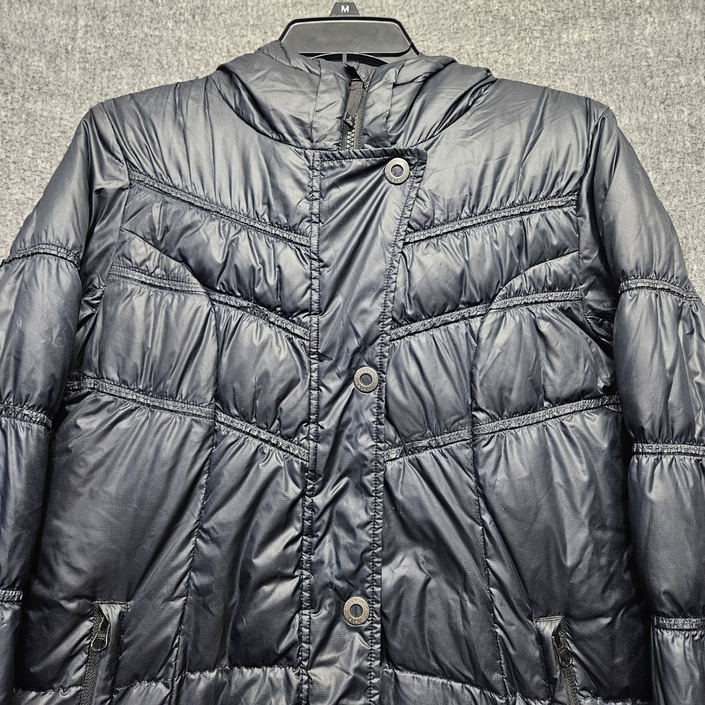 PRANA Milly Jacket Sz Small Goose Down Quilted Black Puffer Coat Zip Snap Hooded